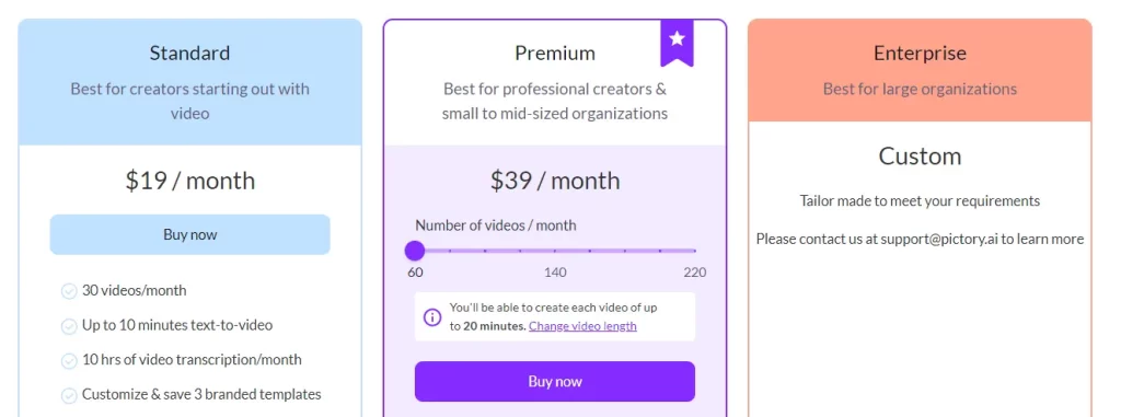 pictory ai pricing plans